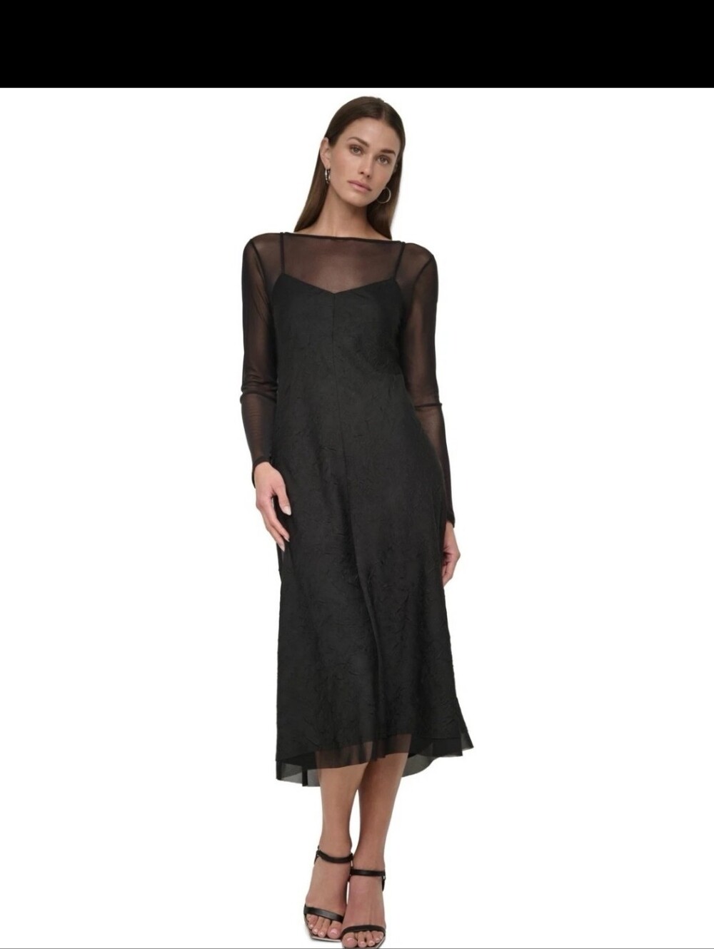 DKNY Black Mesh Illusion Maxi Dress Size 16 NWT Sheer Long Sleeve $139